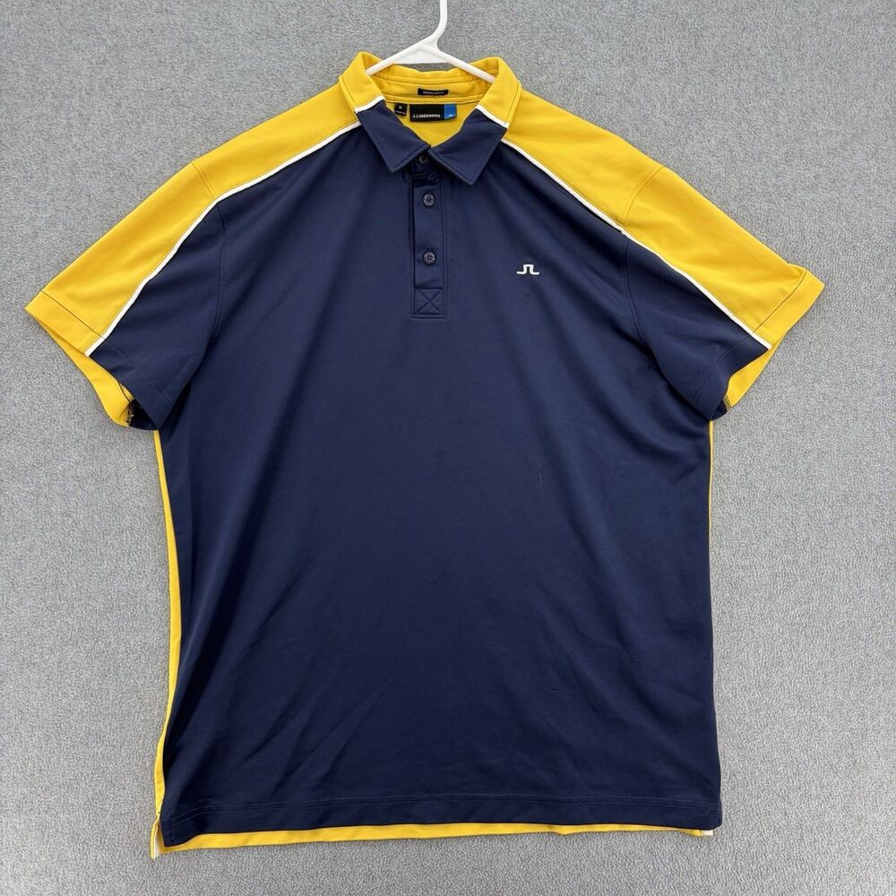 J.Lindeberg Golf Polo Shirt Mens XL Blue Yellow Performance Regular Fit Stretch